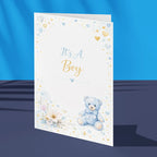 Personalised new baby boy greeting card teddy bear design custom baby announcement card UK