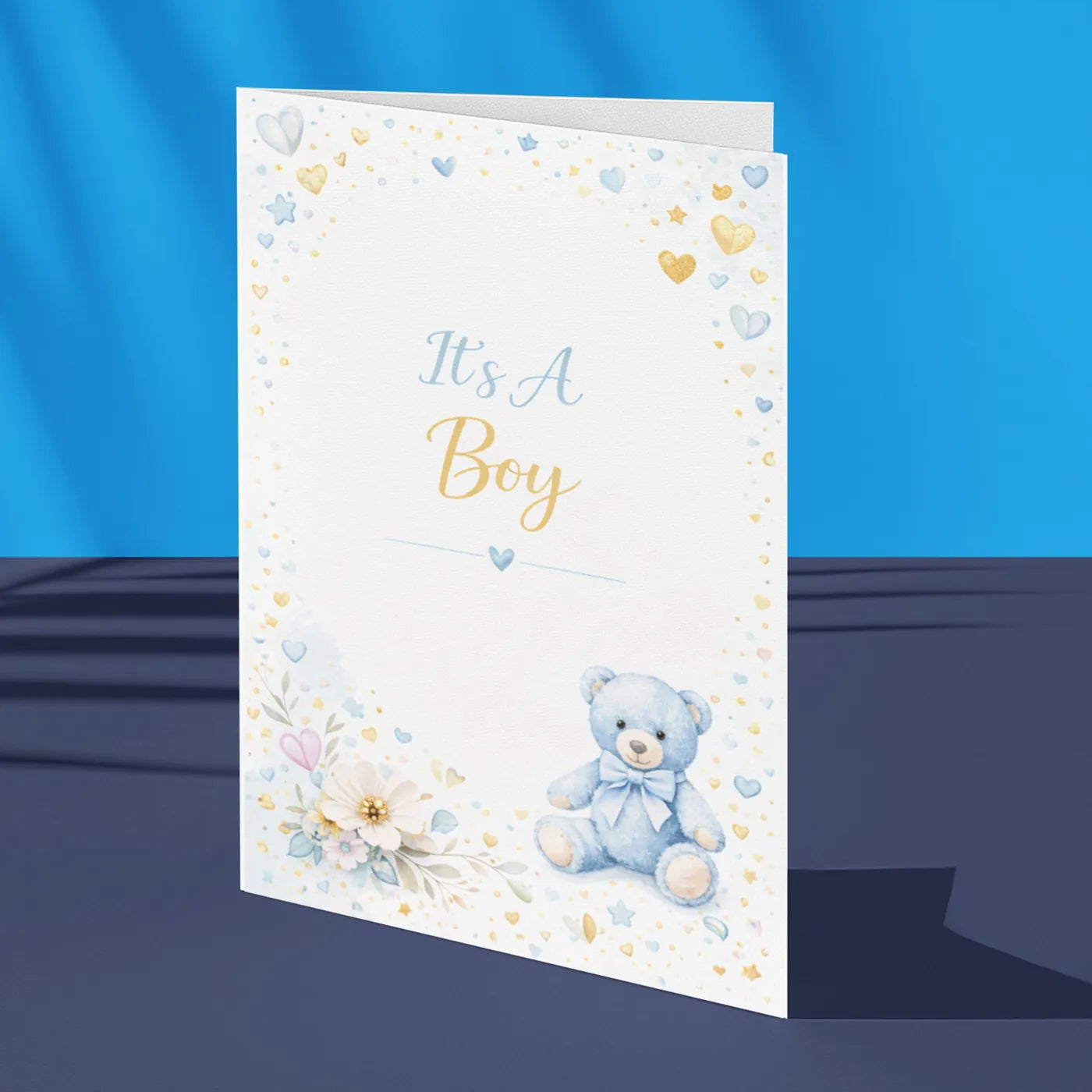 Personalised new baby boy greeting card teddy bear design custom baby announcement card UK