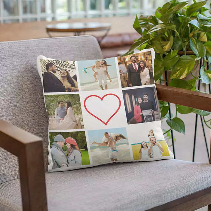 personalised 8 photo collage cushion with heart design and name