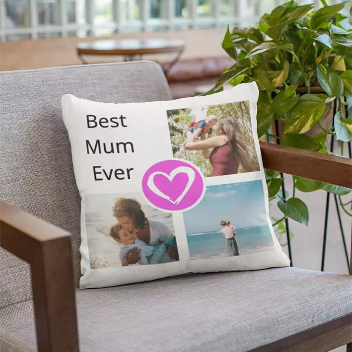 personalised photo cushion cover with pink heart design and custom text