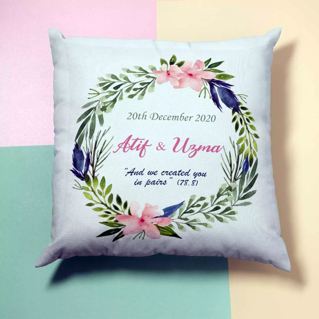 Personalised blue feathers wreath cushion with custom names and date