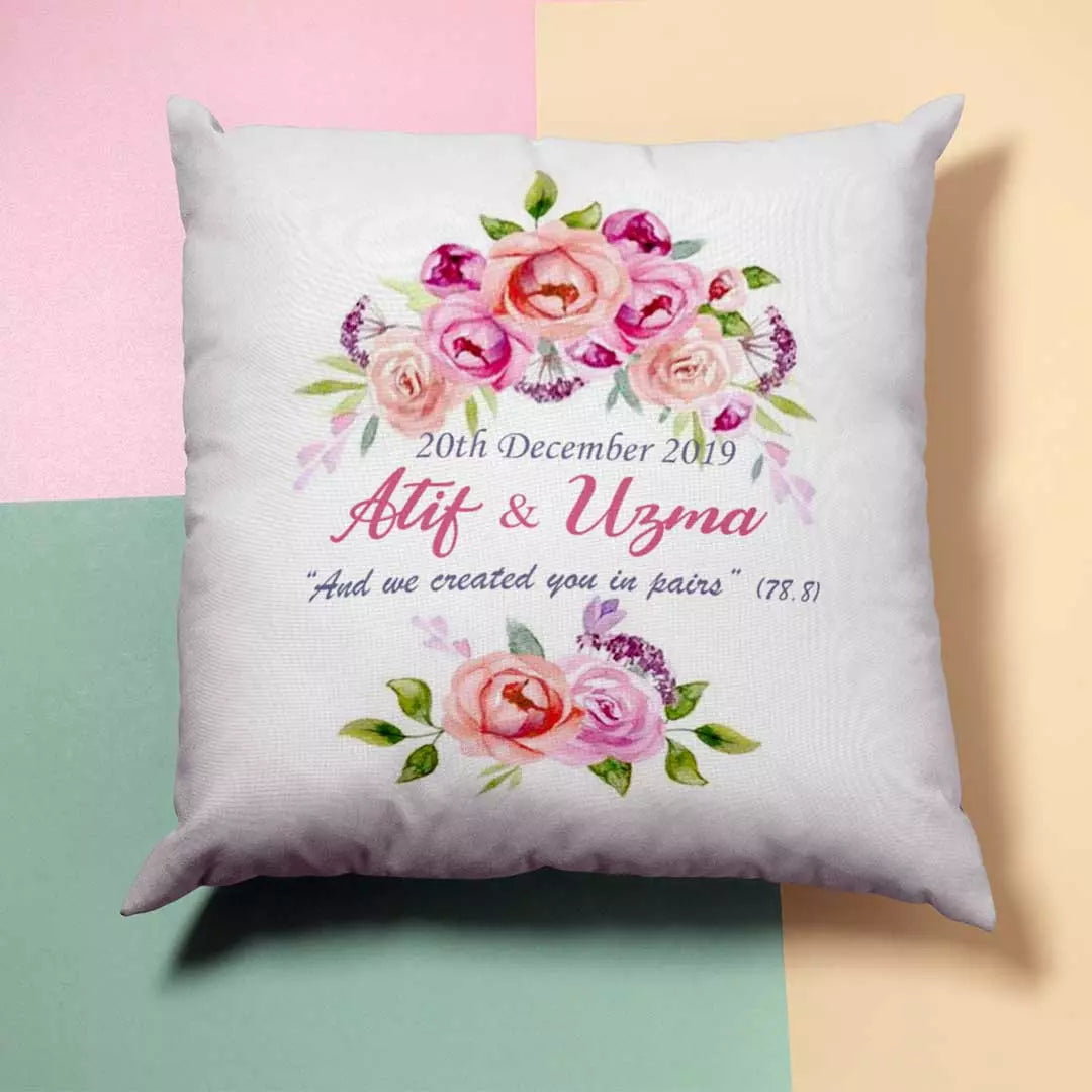 Custom soft home décor cushion with pink peach wreath and personalised text