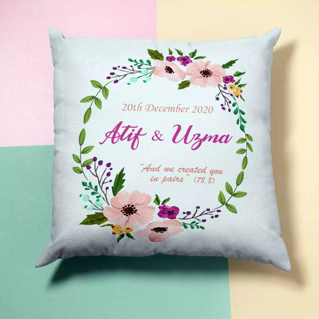 Personalised peach flowers wreath cushion with custom names and date