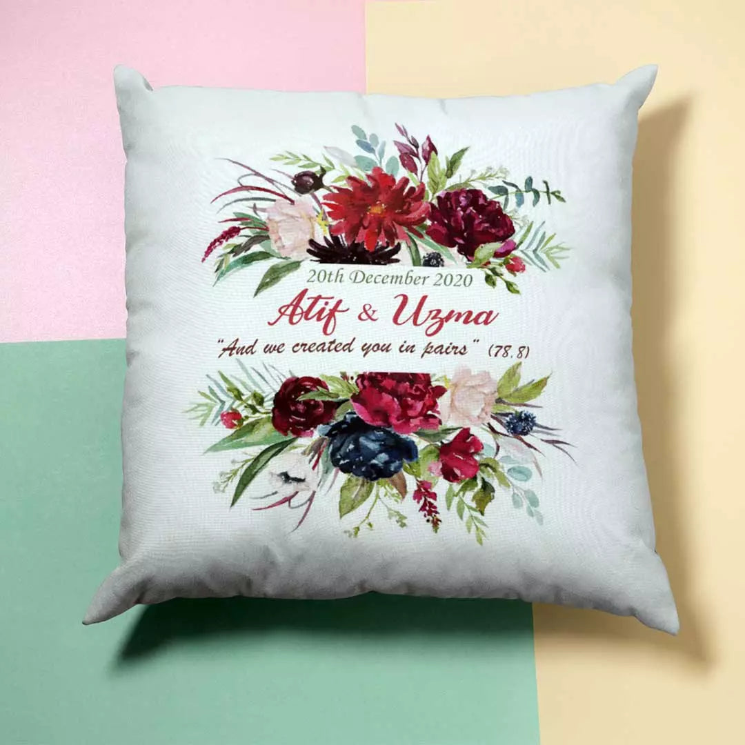Custom decorative cushion with romantic garland design and personalised text