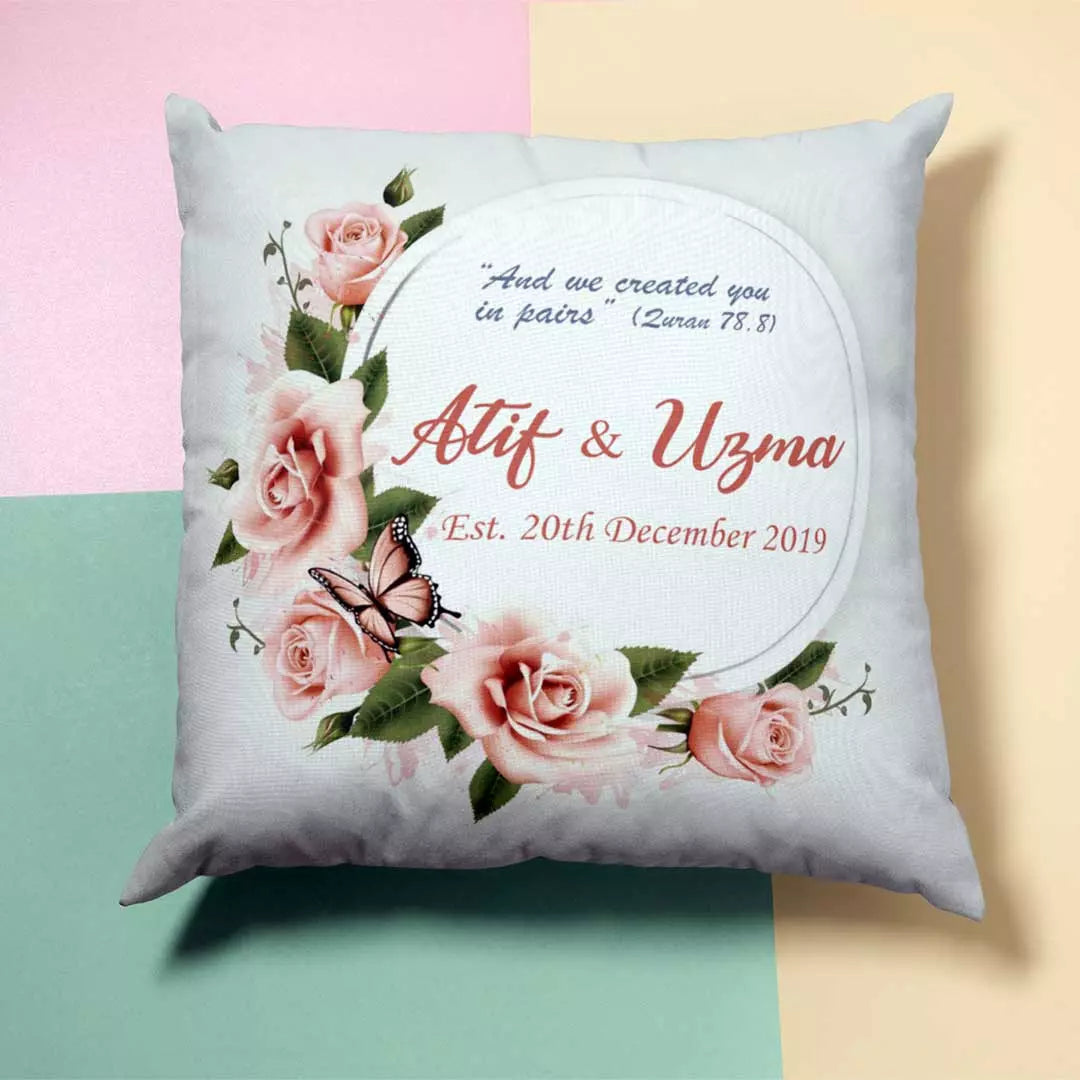 Personalised peach roses & butterfly wreath cushion with custom names and date