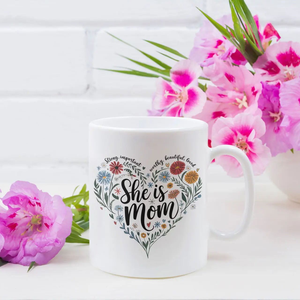 Personalised 11oz white ceramic mug with She is Mom definition on front and custom family photo with name on the reverse