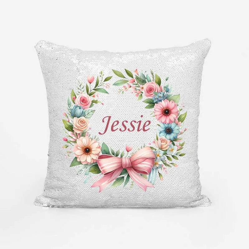 Personalised summer garland sequin magic cushion with custom name