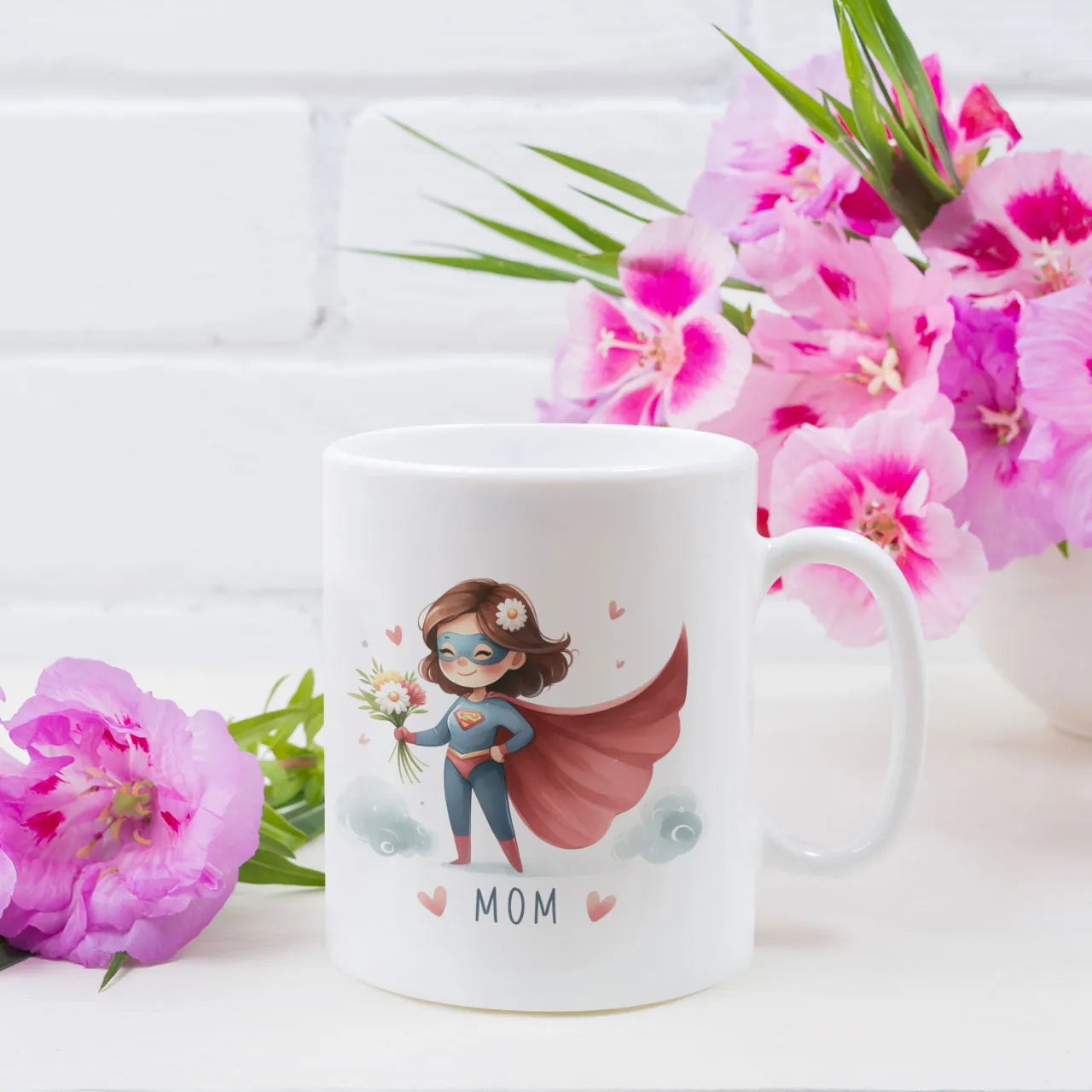 Personalised white ceramic mug with Superhero Mom design on front and custom family photo with name on the reverse