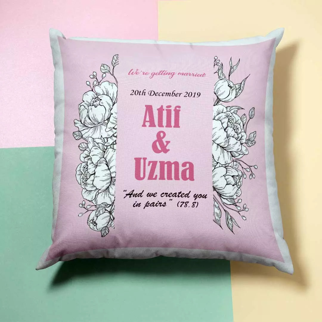 Soft home décor cushion with vertical garland design and custom names