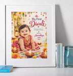 Personalised My First Diwali baby photo print in a white frame, featuring a custom baby photograph, festive lanterns, glowing diyas, name and year.