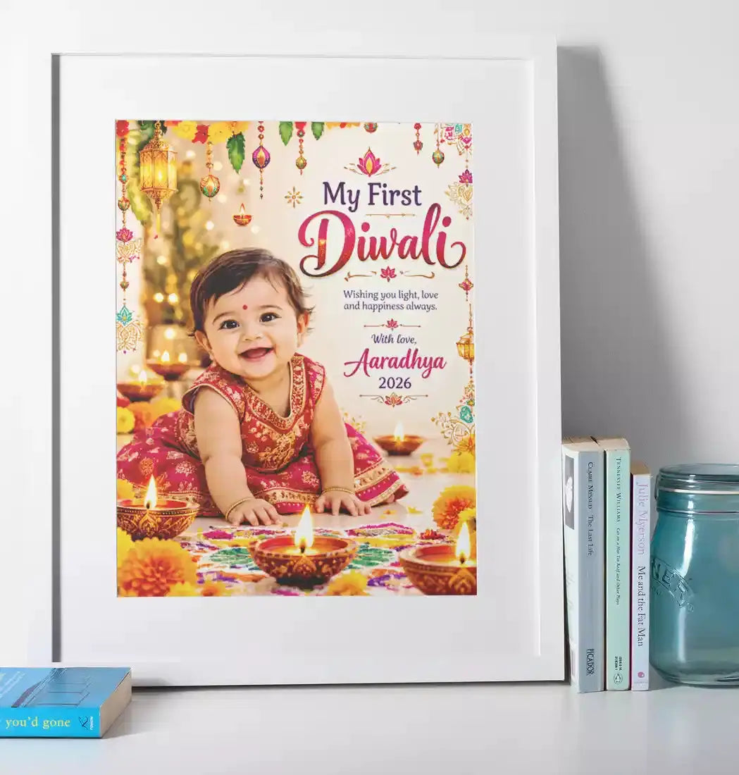 Personalised My First Diwali baby photo print in a white frame, featuring a custom baby photograph, festive lanterns, glowing diyas, name and year.