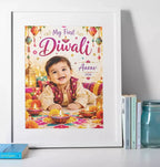 Personalised baby boy First Diwali photo print in a white frame, featuring a custom baby photograph, colourful festive lanterns, glowing diyas, name and year.