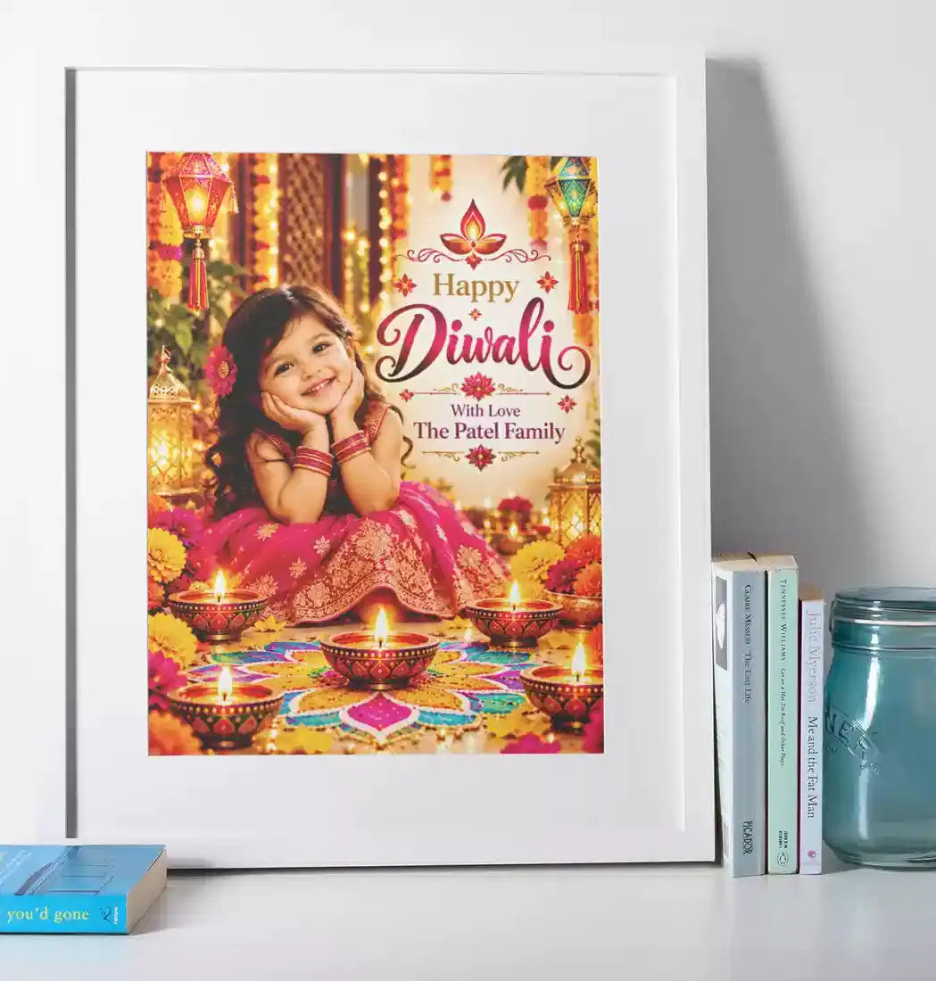 Personalised Diwali girl photo print in a white frame, featuring a custom child's photograph, Happy Diwali greeting, glowing diyas and family message.