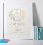 Personalised Valentine’s photo frame keepsake gift with custom anniversary crest artwork, displayed in a white frame with books and blue glass decor, ideal romantic gift for couples.