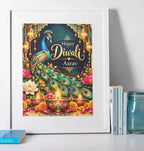 Personalised Happy Diwali peacock wall art print featuring vibrant peacock feathers, decorative lanterns, festive diyas and a custom name. White
