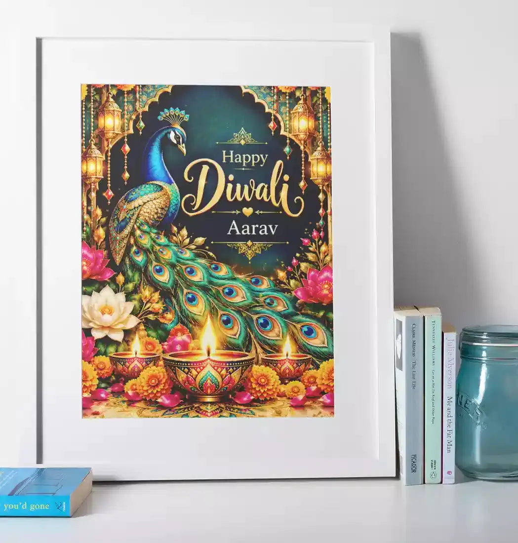 Personalised Happy Diwali peacock wall art print featuring vibrant peacock feathers, decorative lanterns, festive diyas and a custom name. White