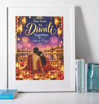 Personalised Our First Diwali Together print in a white frame, featuring a romantic couple, golden lanterns, fireworks, custom names and year.
 Copy