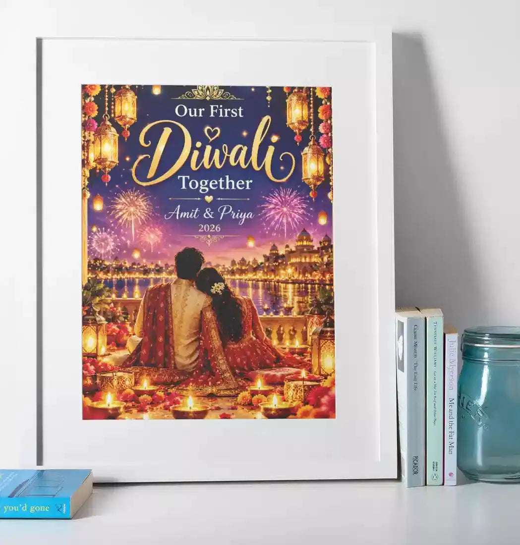 Personalised Our First Diwali Together print in a white frame, featuring a romantic couple, golden lanterns, fireworks, custom names and year.
 Copy