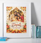 Personalised Diwali family photo print in a white frame, featuring a custom family photograph, Happy Diwali greeting, glowing diyas and floral decorations.
