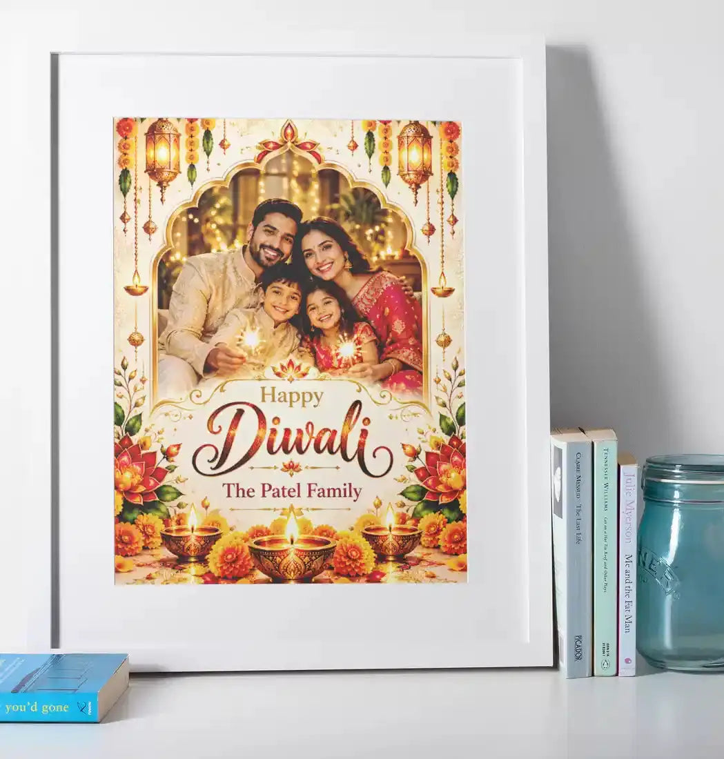Personalised Diwali family photo print in a white frame, featuring a custom family photograph, Happy Diwali greeting, glowing diyas and floral decorations.