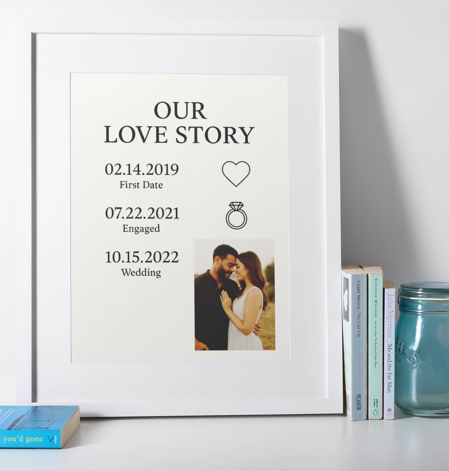 Framed print titled 'Our Love Story' with a couple's photo and dates on a shelf.