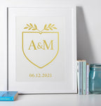 Custom gold monogram crest print with initials and meaningful date, personalised couple wedding or anniversary gift, modern love keepsake art.