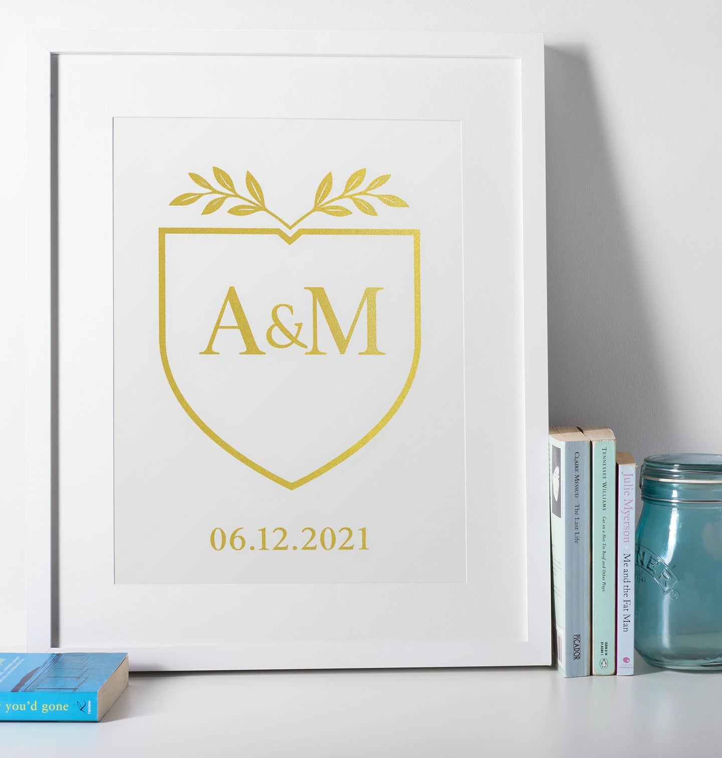 Custom gold monogram crest print with initials and meaningful date, personalised couple wedding or anniversary gift, modern love keepsake art.