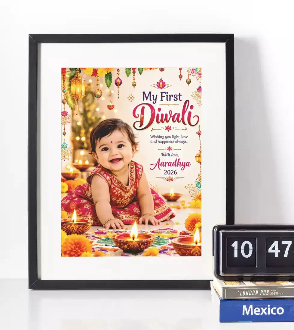 Personalised baby's first Diwali photo wall art in a black frame, with My First Diwali lettering, colourful marigolds, custom photo, name and year.