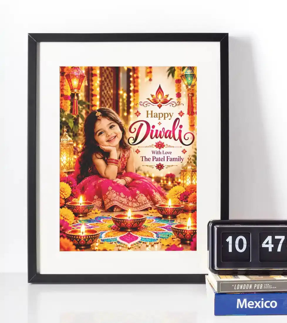 Personalised Diwali photo wall art in a black frame with a girl's photograph, colourful rangoli, festive lanterns and custom family greeting.
 Copy alt text