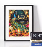 Personalised Diwali peacock framed print with custom name, blue peacock, gold Happy Diwali lettering, glowing diyas and colourful lotus flowers.