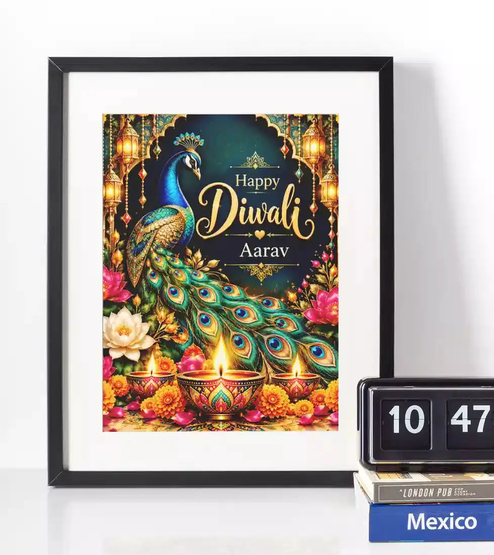 Personalised Diwali peacock framed print with custom name, blue peacock, gold Happy Diwali lettering, glowing diyas and colourful lotus flowers.