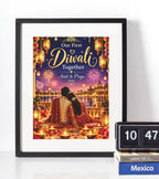 Personalised First Diwali Together couples wall art in a black frame, showing a couple overlooking festive fireworks and illuminated buildings with custom names and year.
 Copy
