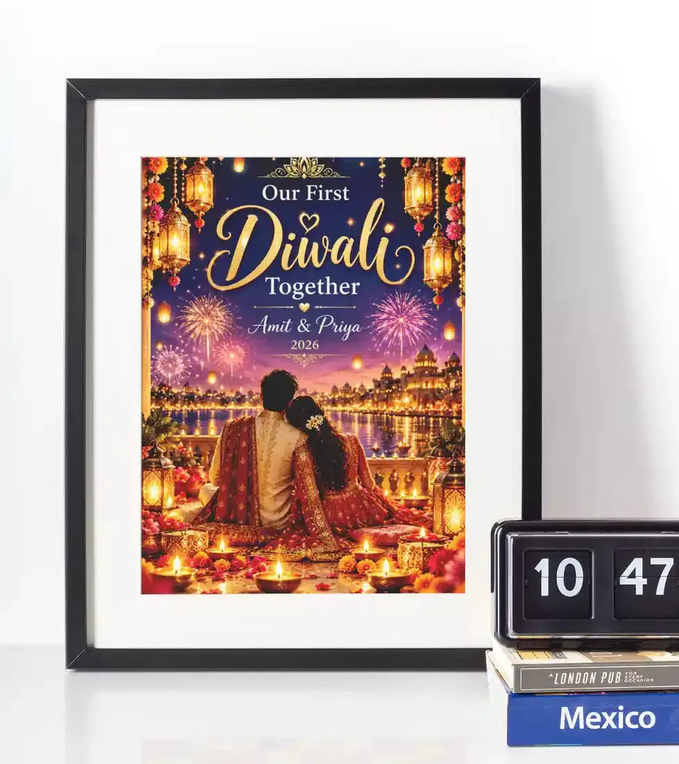 Personalised First Diwali Together couples wall art in a black frame, showing a couple overlooking festive fireworks and illuminated buildings with custom names and year.
 Copy