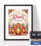 Personalised Diwali lotus mandala wall art in a black frame, with vibrant pink and turquoise petals, hanging decorations, traditional diyas and family name.