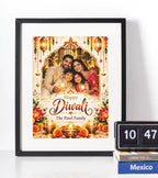 Personalised Diwali family photo wall art in a black frame, with an ornate gold photo arch, festive lanterns, lotus flowers and custom family name.