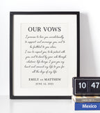 Personalised wedding vows print featuring handwritten vows, couple names and wedding date, meaningful anniversary gift, romantic couple wall art UK.