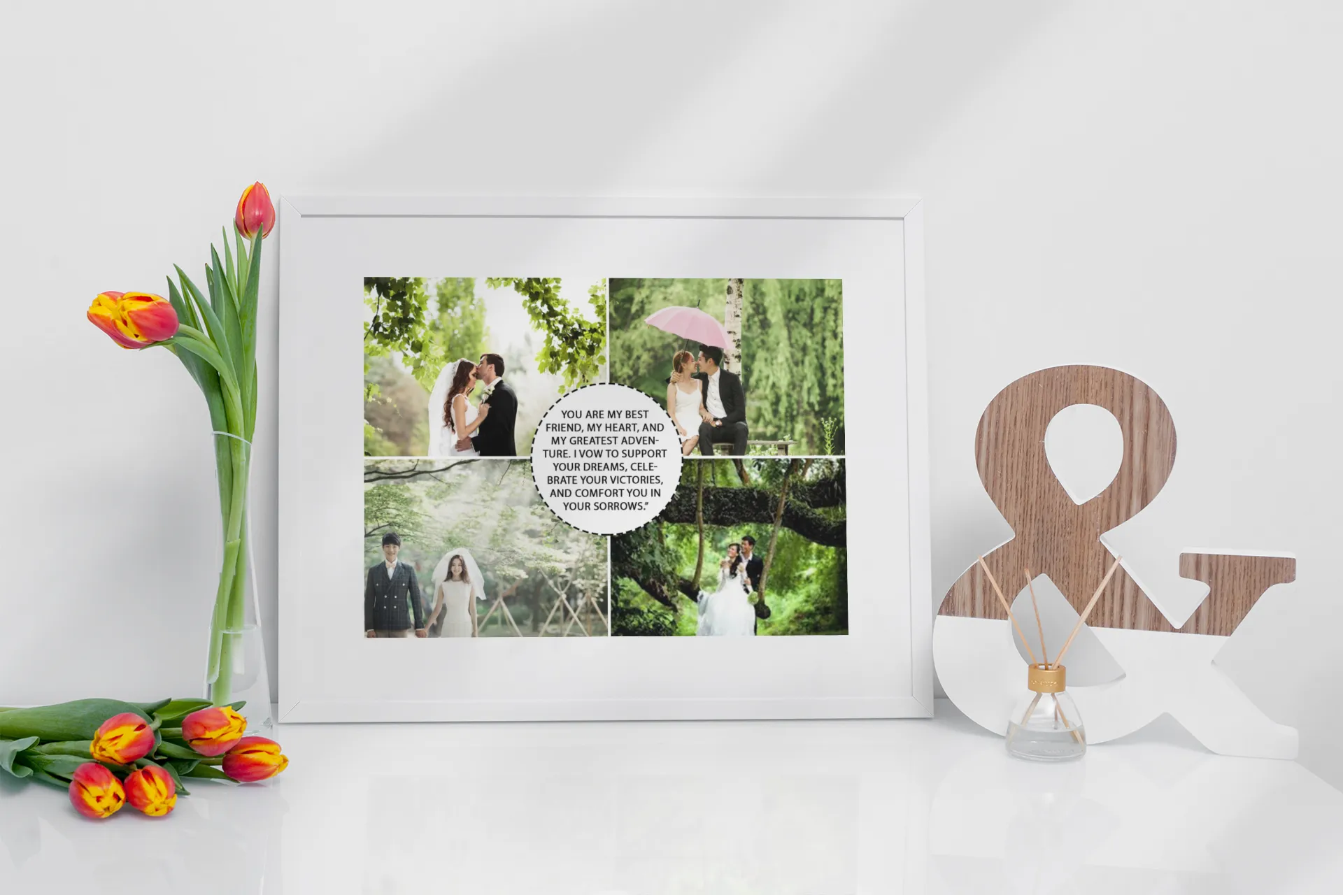 “Personalised wedding photo collage frame with four couple photos and custom message displayed on a white table with tulips and décor.”
