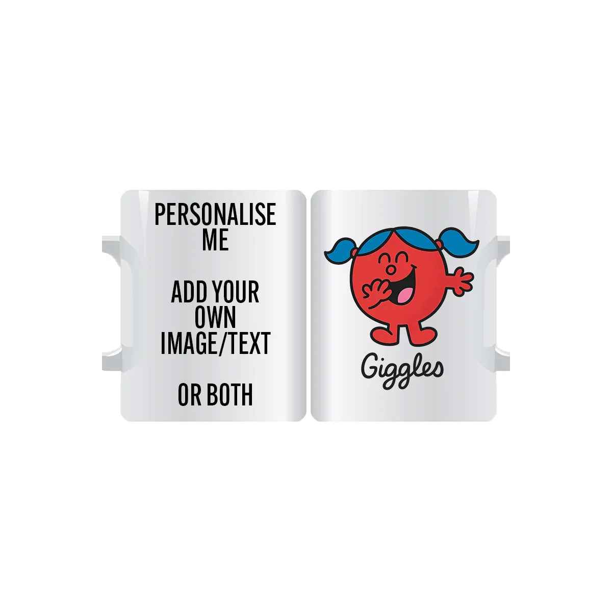 Playful Miss Giggles personalised red mug with blue pigtails and joyful character design – custom coffee cup perfect for fun and unique gifting