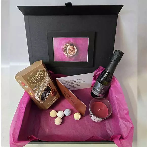 Prosecco chocolate pamper gift hamper with personalised candle and card luxury gift box for birthdays anniversaries and celebrations