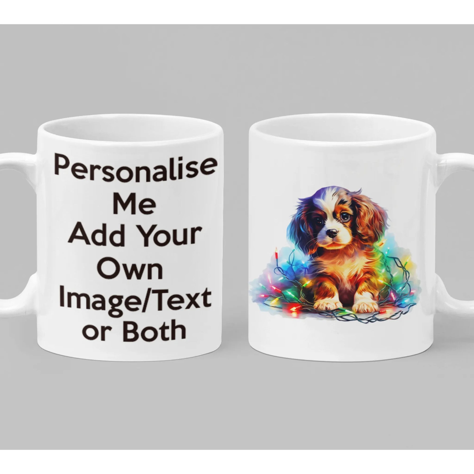 Cute Christmas puppy mug with colourful festive lights and personalisation option – adorable dog lover holiday gift