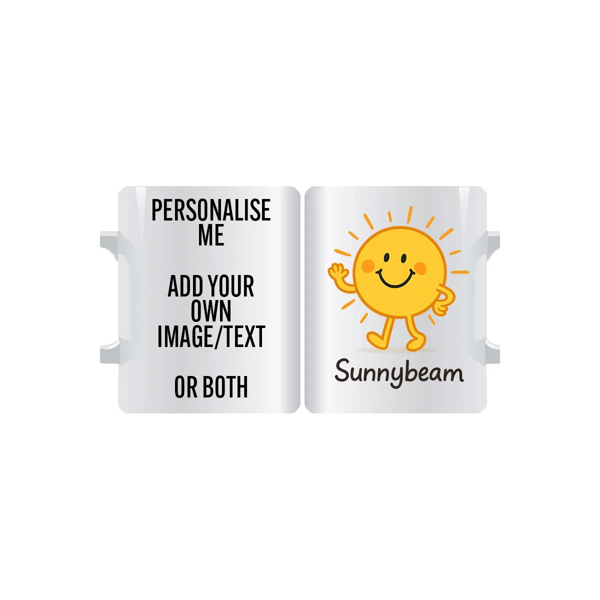 "Radiant Miss Sunshine Sunnybeam personalised mug – cheerful sun character custom coffee cup gift"