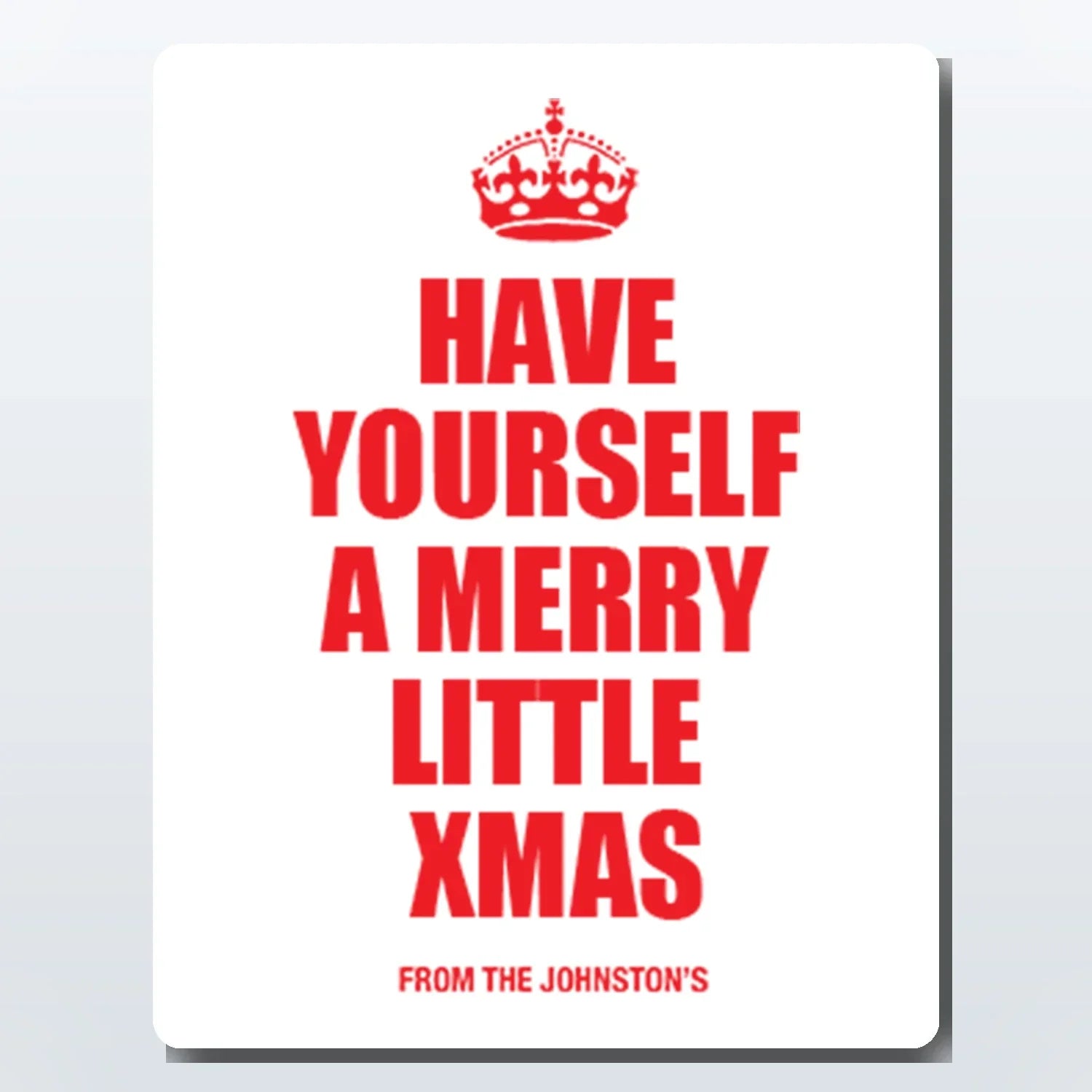 Personalised 'Merry Christmas' card (red)—add names & greeting; Classic red Christmas card – personalised with family name and festive message