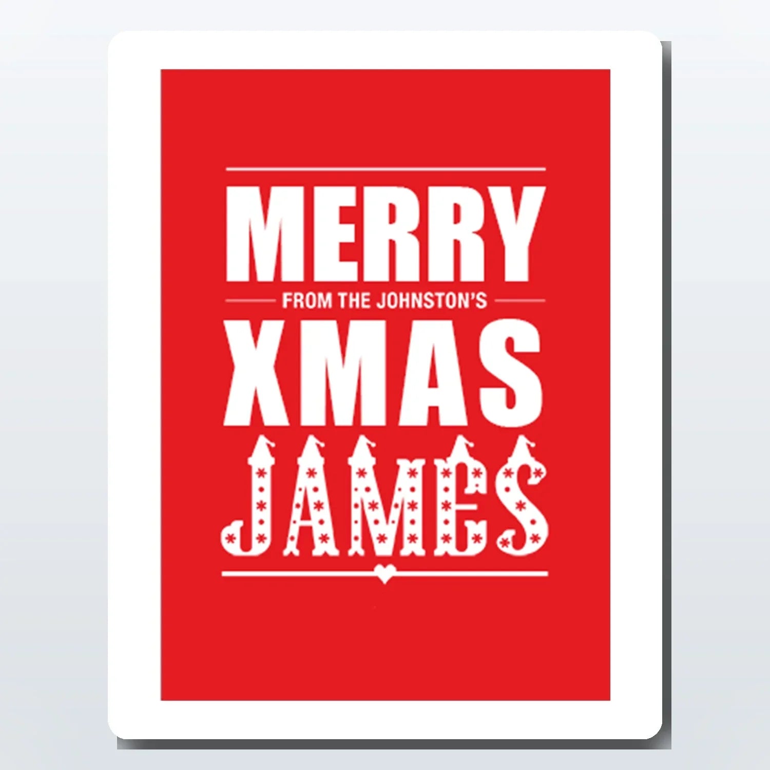 Custom Christmas card (red)—personalise with names & text; printed card; keepsake greeting