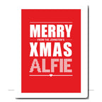 Personalised Merry Xmas card with knitted name design – custom family greeting