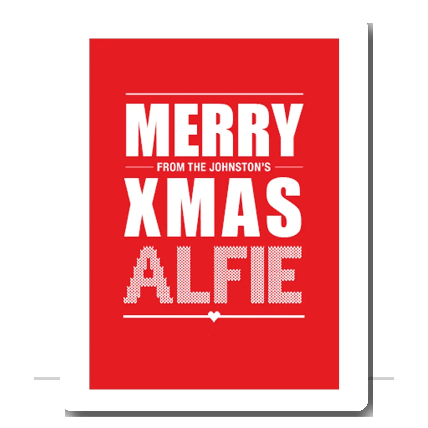 Personalised Merry Xmas card with knitted name design – custom family greeting