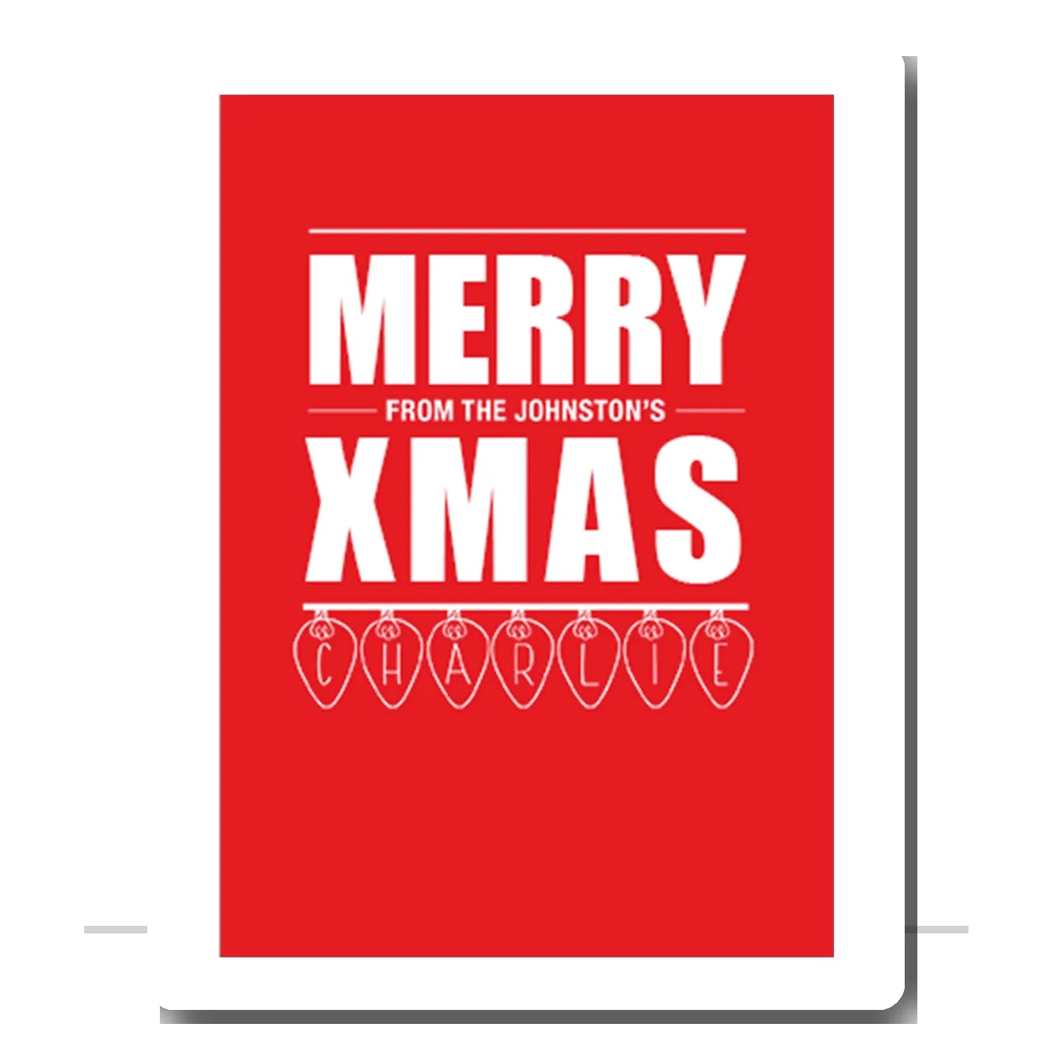 Personalised Merry Xmas card with bauble name design – custom family greeting