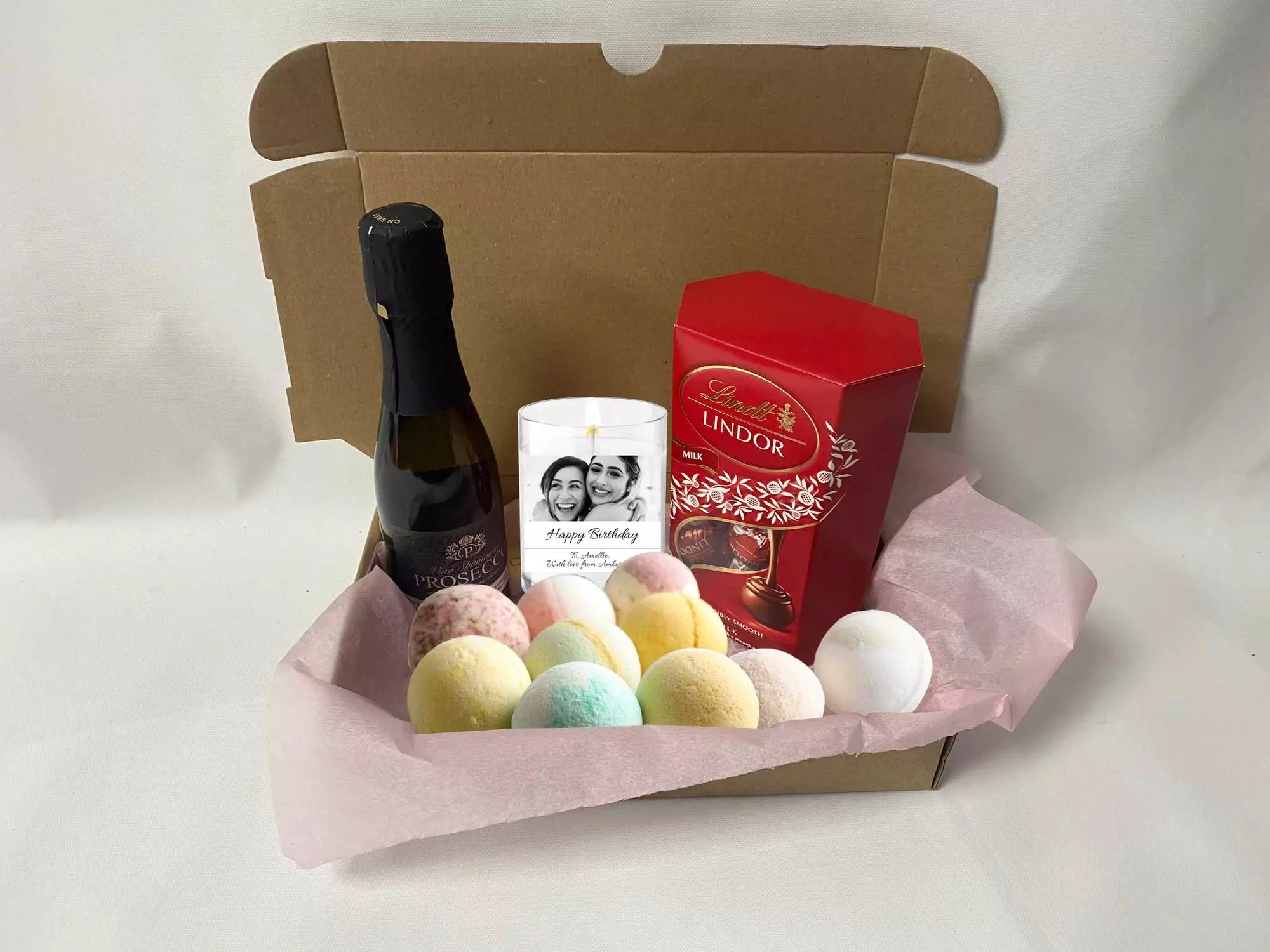 Chocolate, Bath Bombs & Prosecco Pamper Hamper with a Personalised Candle