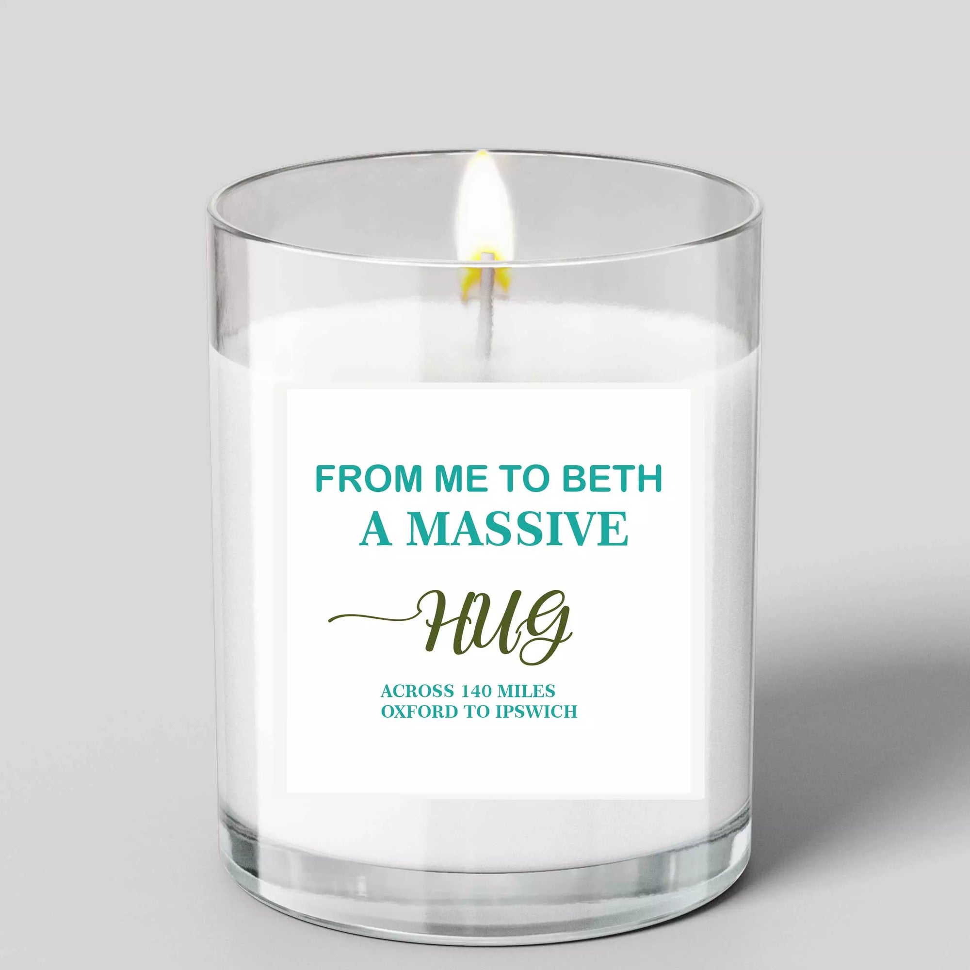 Personalised Across Distance Hug Glass Scented Candle with Lid