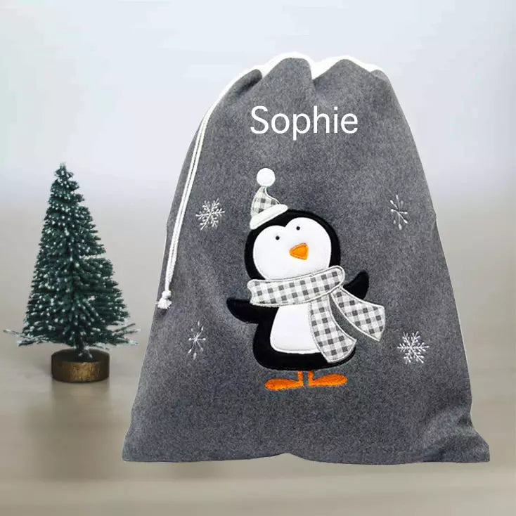 Personalised Plush Charcoal Embroidered Santa, Snowman, Reindeer, Penguin Sacks Set