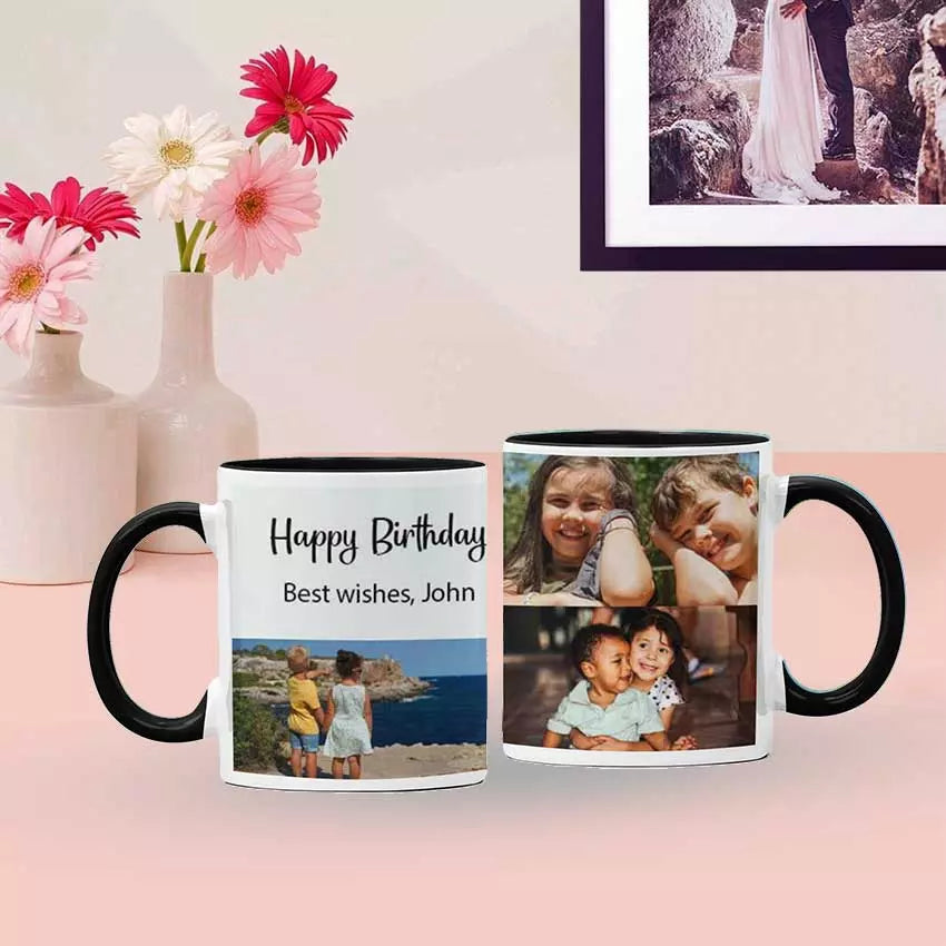 Personalised Yellow Coloured Inside Mug with 3 Photo Collage and Text
